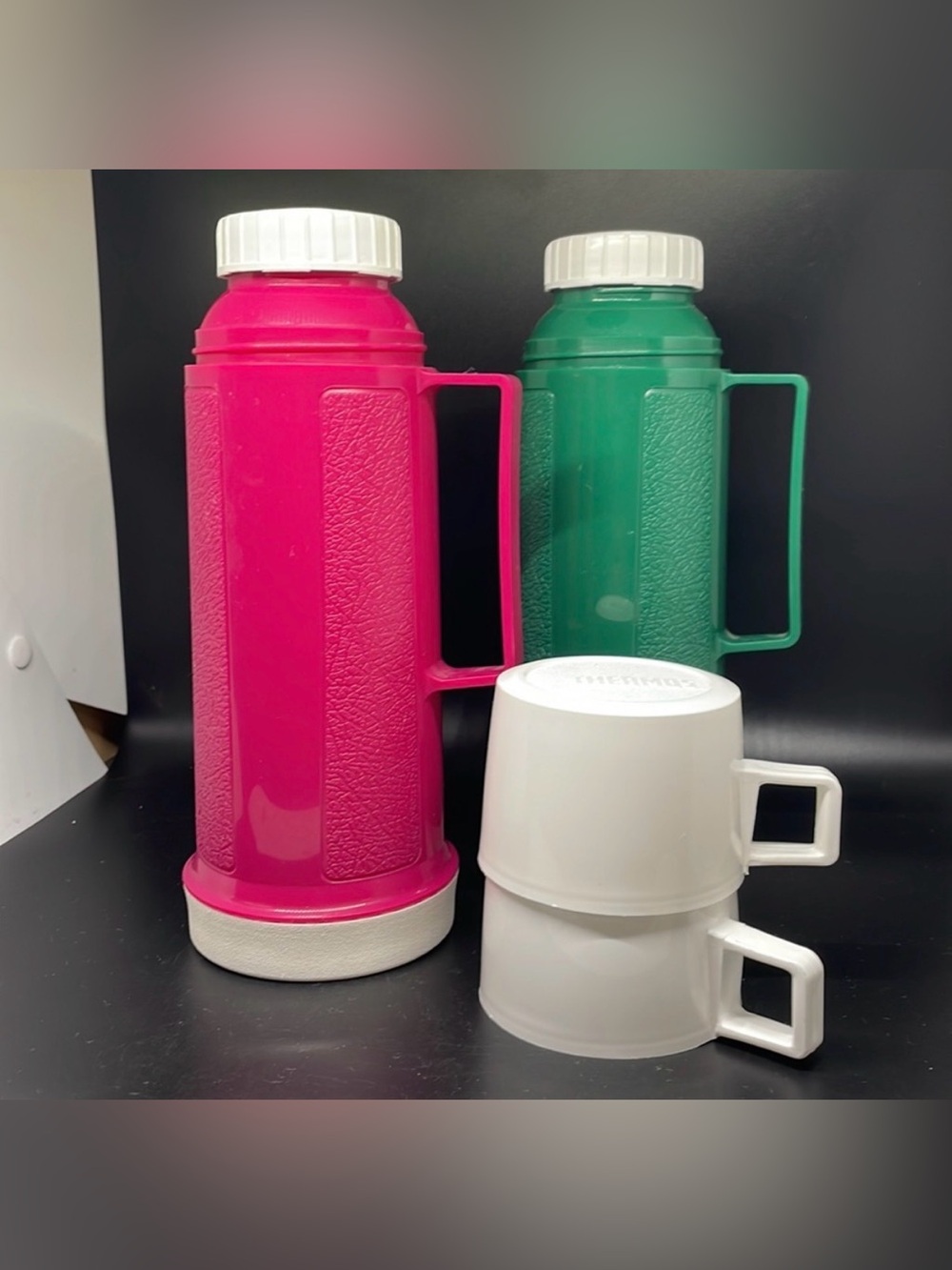 Vintage 80’s Thermos Pink & Green 22F Drink Bottles w/ Cups & Stoppers Set of 2